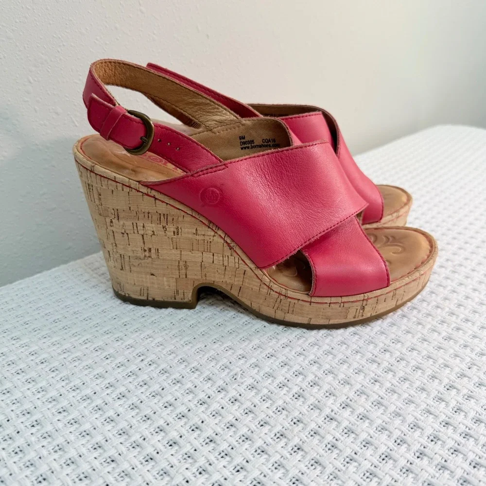 Born Wedge Sandals Women 9 Fuchsia Leather Crisscross Slingback Boho Summer Bold